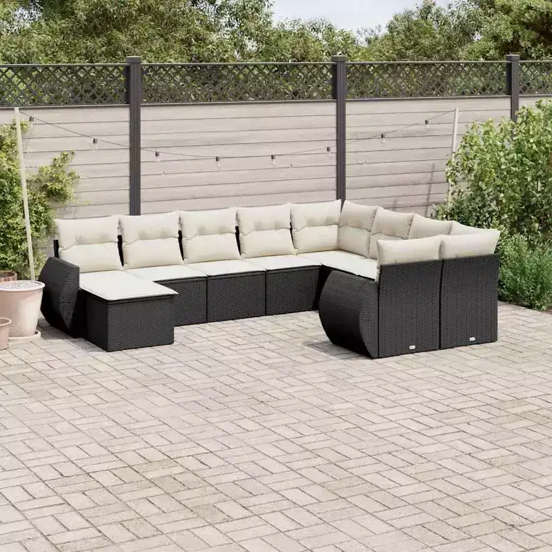 vidaXL 10 Piece Patio Sofa Set with Cushions Black and Cream Poly Rattan