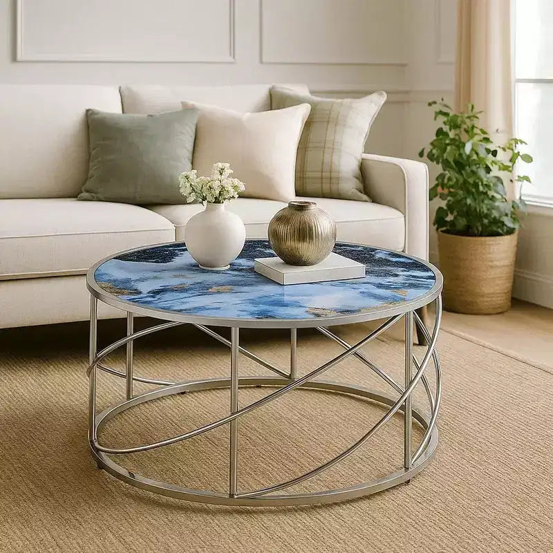 Royal Hampton Round Coffee Table, 33 Inch, Open Chrome Base, Blue Faux Marble