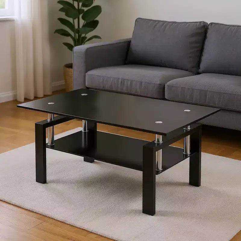 HomeRoots 39 Black Glass and Steel Coffee Table With Shelf