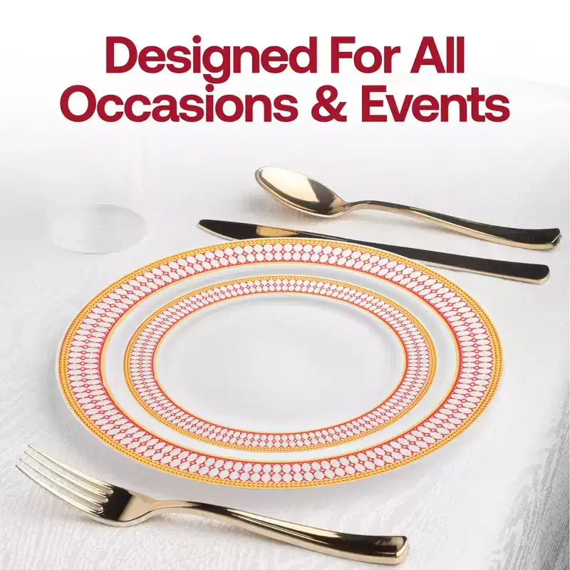 Smarty Had A Party White w/ Red and Gold Chord Rim Plastic Dinnerware Set - 40 Sets
