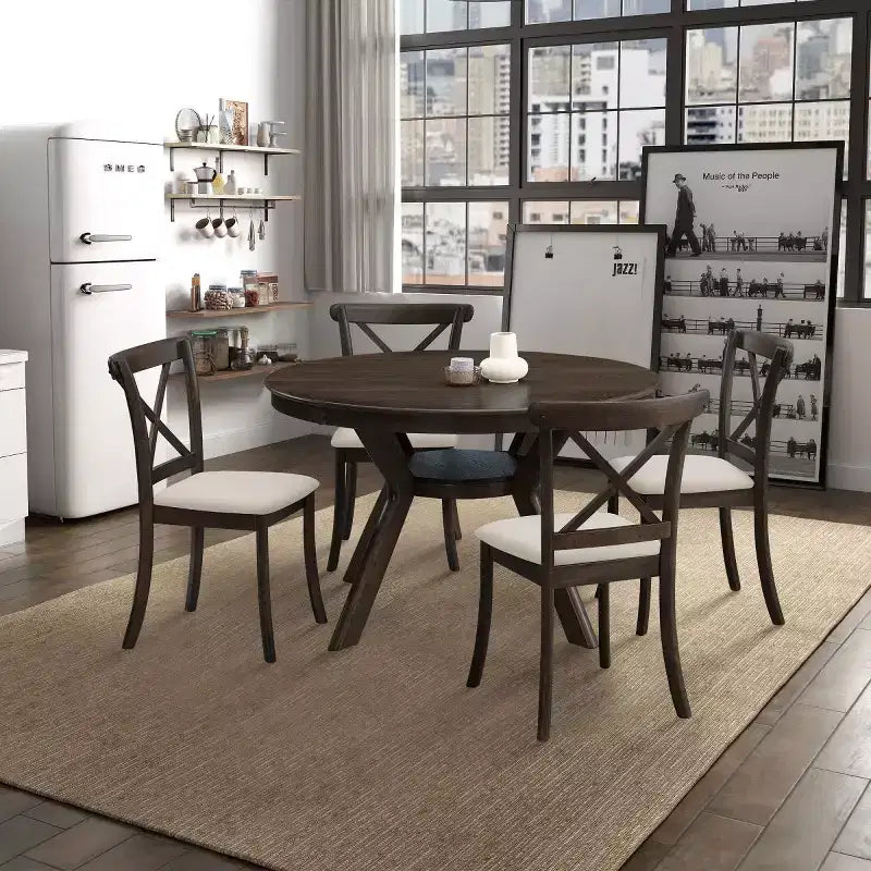5-Piece Modern Wooden Dining Table Set,47 Round Table with 4 Upholstered Chairs Kitchen & Dining Room Small Space Furniture-Panipeachy