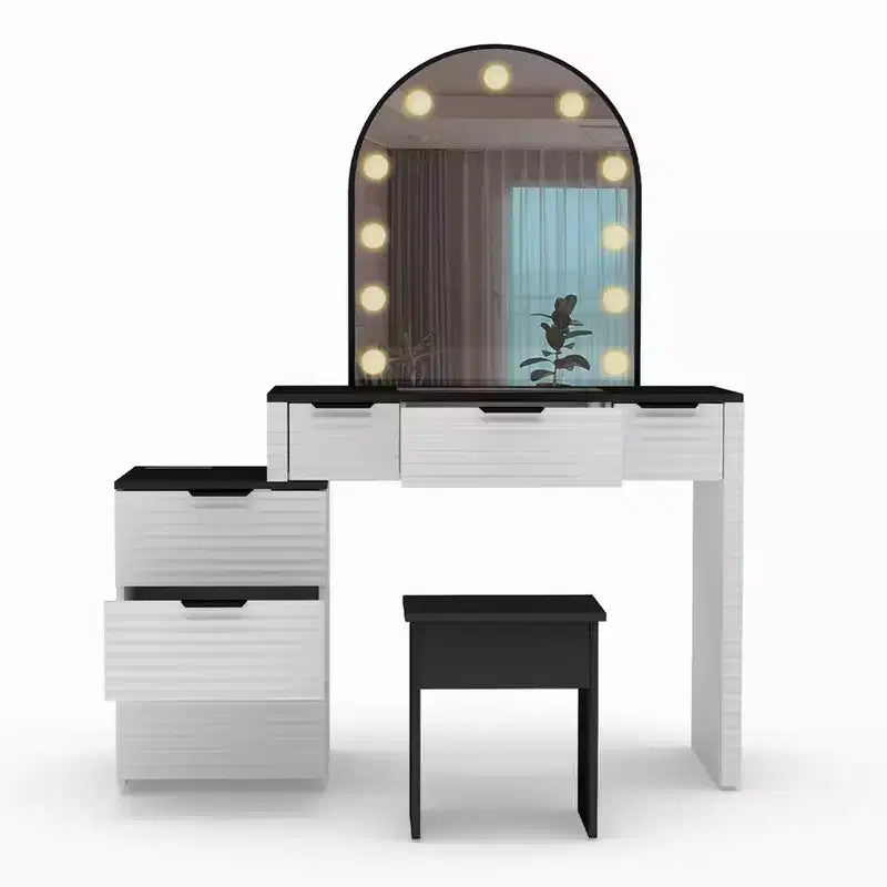 AEELLEEA Makeup Vanity Desk with Mirror Lights Glass Tabletop Vanity Table Modern Makeup Desk with Drawers for Bedroom US Plug