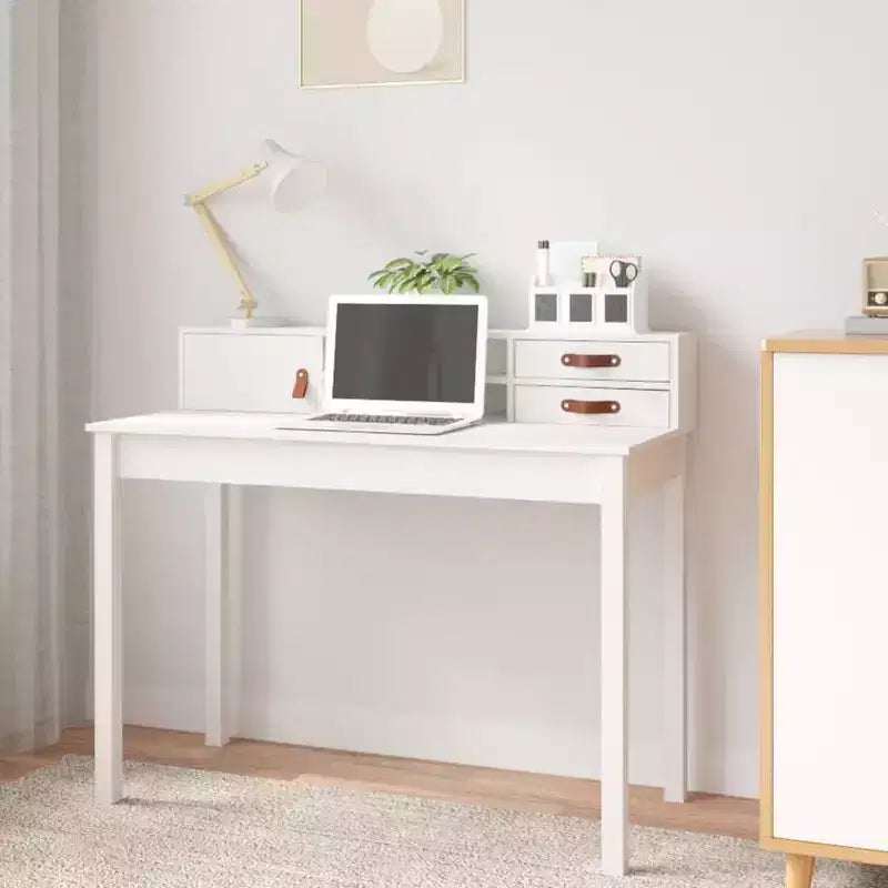 vidaXL Desk White Solid pine wood, faux leather (100% polyurethane)
