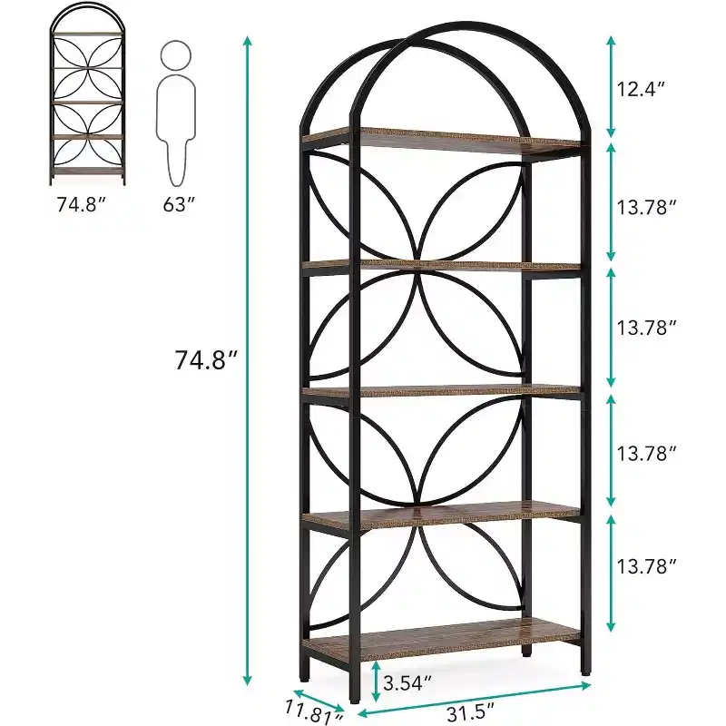 Tribesigns 5-Tier Open Bookshelf, 74.8 Arched Bookcase Display Rack with Metal Frame