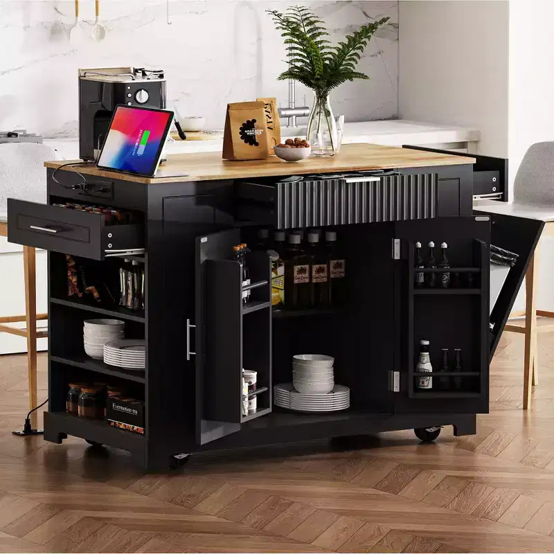 48.5 inch Black Fluted Kitchen Island with Trash Can Storage Cabinet Rolling Kitchen Islands on 5 Wheels for 10 Gallon Garbage Bin