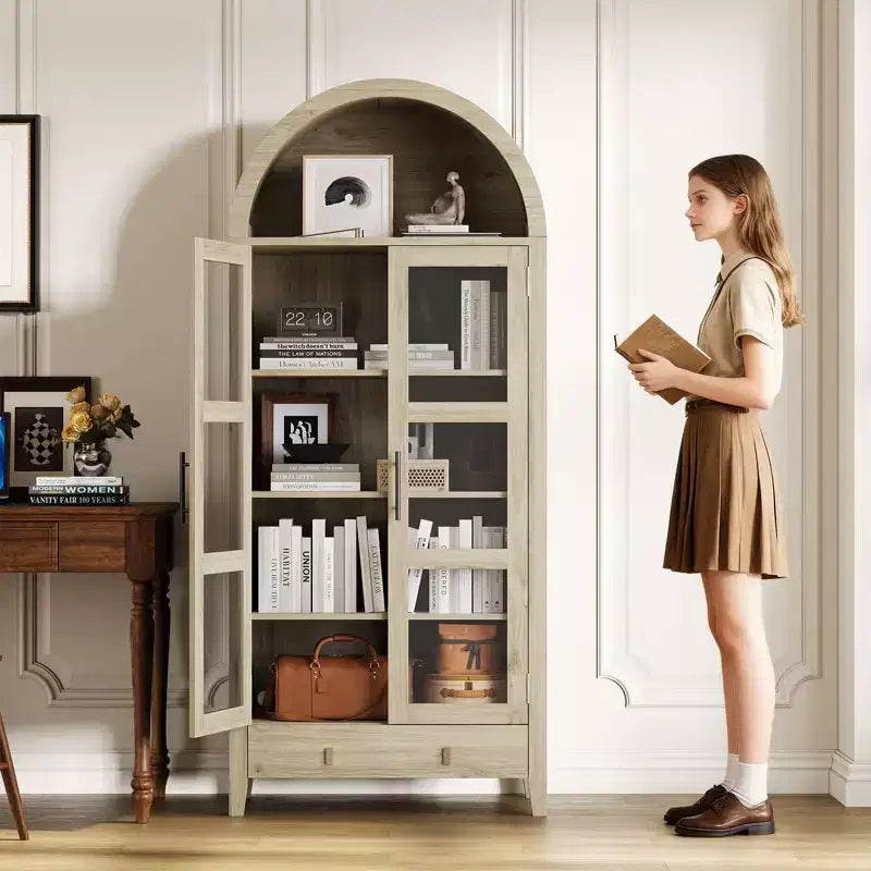 Pantry Cabinet, Kitchen Storage Cabinet  71 Tall Arched Farmhouse Design with LED Lights, Adjustable Shelves & Glass Door, Oak