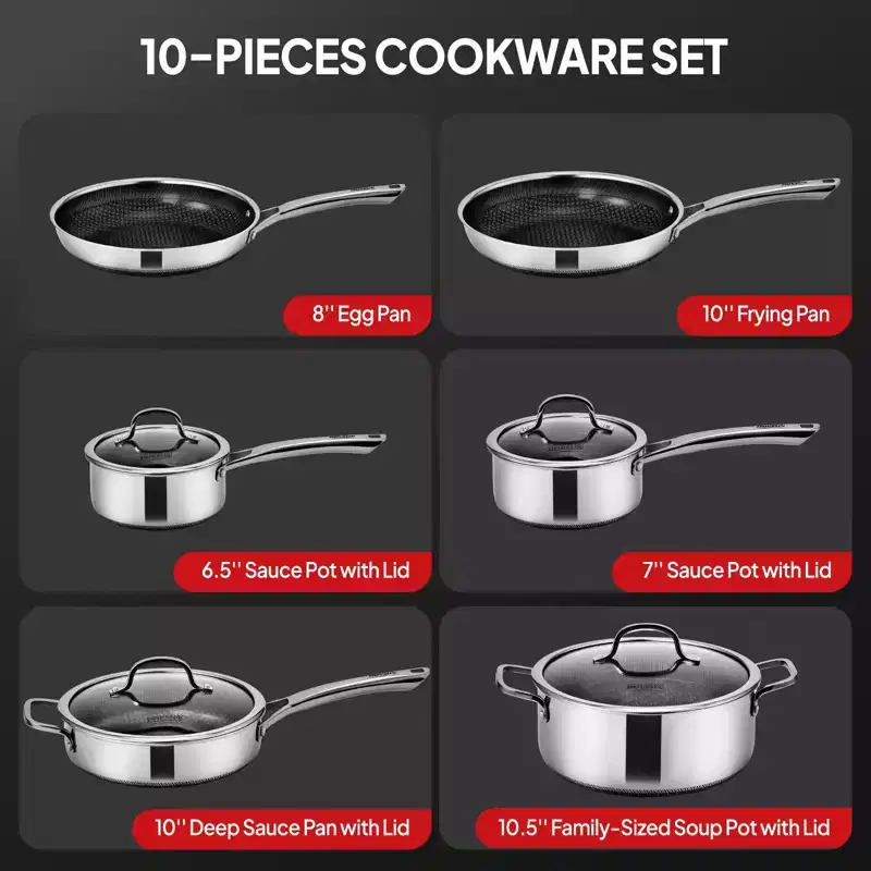ROVSUN 10 Pcs Non-Stick Cookware Set, Stainless Steel Pots and Pans Set with Lids, Non-Toxic Kitchen Set Chef's Pan, PFOA & PTFE Free