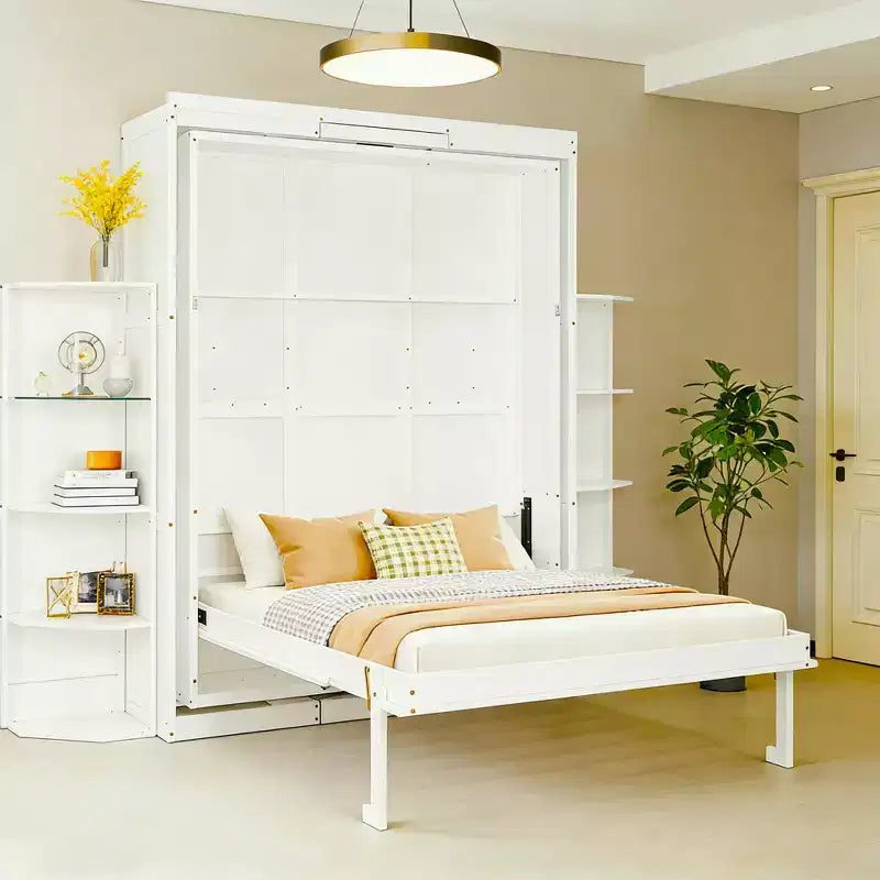 Luxystar Modern Rotatable Murphy Bed With Foldable Desk and Dual 3-Tier Side Shelves, Queen Size
