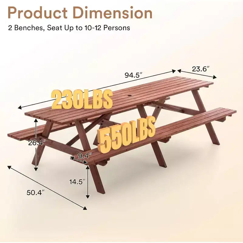 Zevemomo 10-12 Person Outdoor Wood Picnic Table Set with Umbrella Hole, 2 Built-in Long Benches, 95-Inch, for Gardens, Yards, Brown
