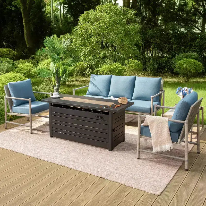 Captiva Designs Coastal 4pc Patio Steel and Rattan Fire Pit Set with Cushions