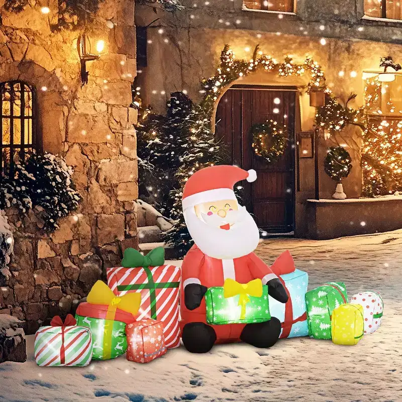 Outsunny 4.4' Inflatable Santa Claus and Gift Boxes w/ White LED Lights, Blow-Up Outdoor Display for Party