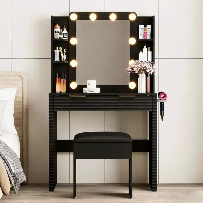 Whisen 43.5 Fluted Makeup Vanity Desk, Dressing Table with Mirror, 5 Drawers, a Glass Door Cabinet, Hairdryer Holder and Stool
