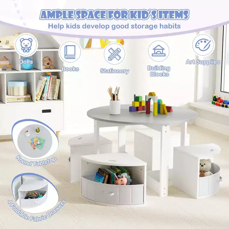 Costway 5 Piece Kids Play Table and Chairs Set Round Nesting Table Toddler Furniture Gray/Natural