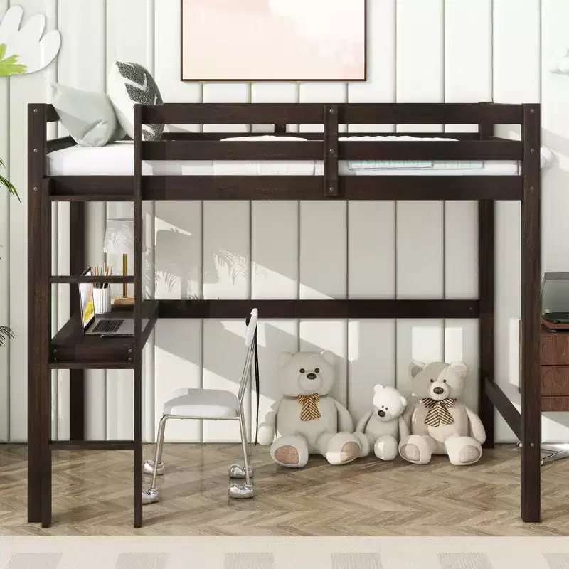 Twin Loft Wood Bed with Bulit in Desk Safety Guardrails Ladder Brown