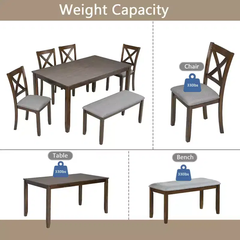 Homy Casa 6-Piece Wooden Dining Table Set with 4 Upholstered Chairs and Bench, Kitchen & Dining Room Furniture, Grey