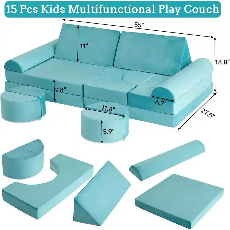 Acekool Modular Kids Play Couch - 15-Piece Set with Soft Velvet Covers, Reconfigurable Shapes for Playrooms & Indoor Fun (Blue)
