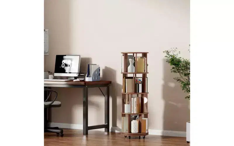 TUYOHW Rotating Bookshelves with Wheels,Round Revolving,Bookshelf Tower,Narrow Tall,Soild Wood Bookcases for Small Space,Office,Walnut