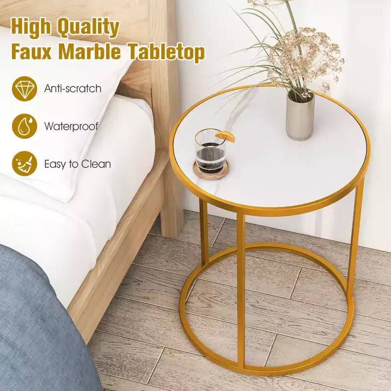 Costway 2PCS Marble Top Round Side Table 19.5x19.5 End Table w/Golden Metal Frame Gold