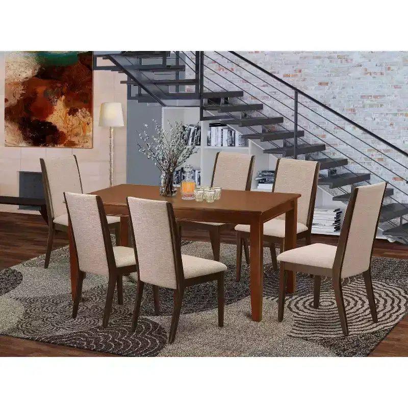 HomeStock 7-Piece Rectangle Mahogany Finish Solid Wood Top Dining Table with 6 Parson Chairs