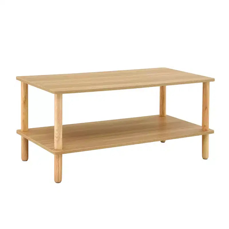 MAYEERTY 2-Tier Rectangular Coffee Table with Rubberwood Legs & Open Storage for Living Room, Modern Center Table