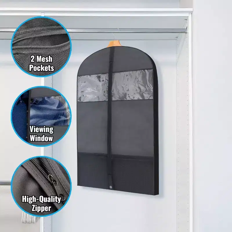 Plixio 43 Black Garment Bags for Travel or Hanging Clothes Storage - Suit Bags Carriers Covers - Zippered Breathable Gusset Clothing Storage Bags