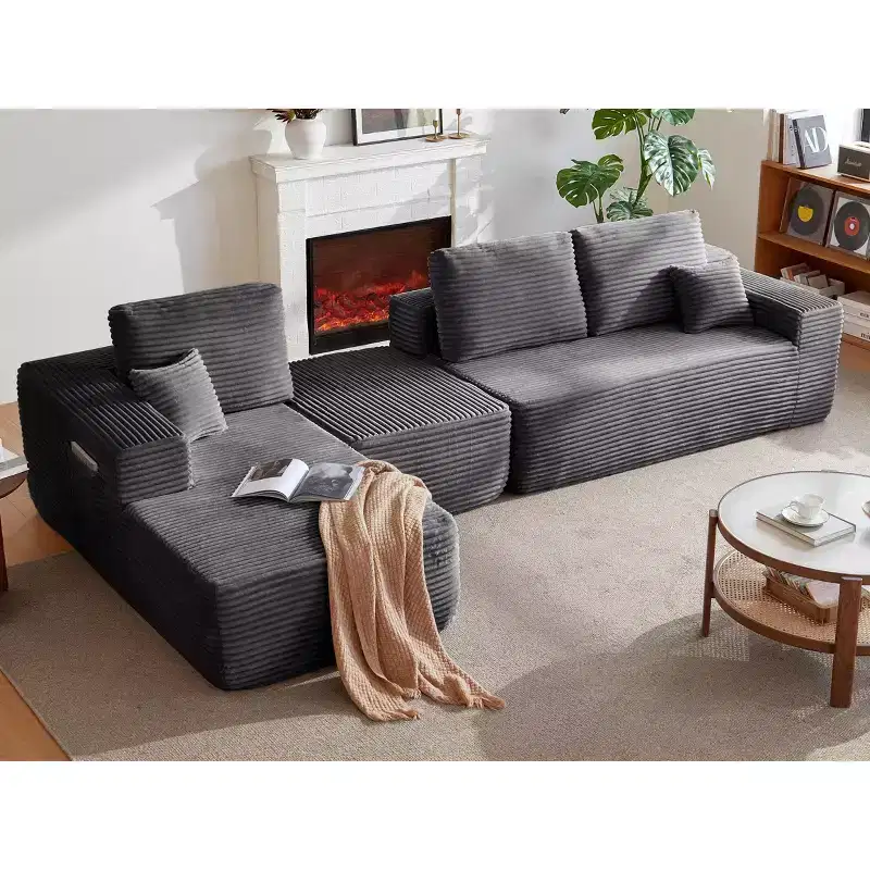 104Cloud Sectional Sofa,U-Shaped Chaise,Deep Seat,Side Pockets,Plush Fabric,No Assembly,Grey,Left Facing