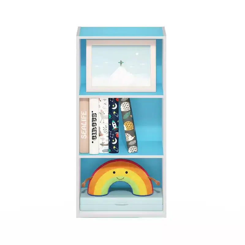 Furinno 3-Tier Decorative Bookshelf Reversible 3 Cube Open Shelf Bookcase for Living Room&Home Office,Light Blue/White
