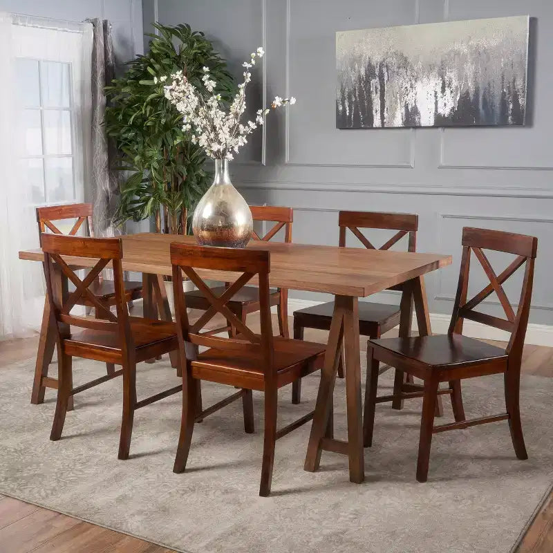 Christopher Knight Home Marseille Farmhouse Acacia Wood 7 Piece Dining Set with Rich Mahogany Chairs