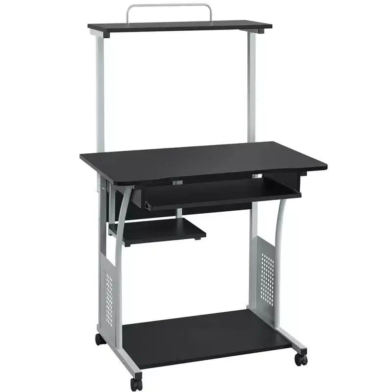 Black / Rustic Brown Computer Desk with Printer Shelf & Keyboard Tray, 1-Person