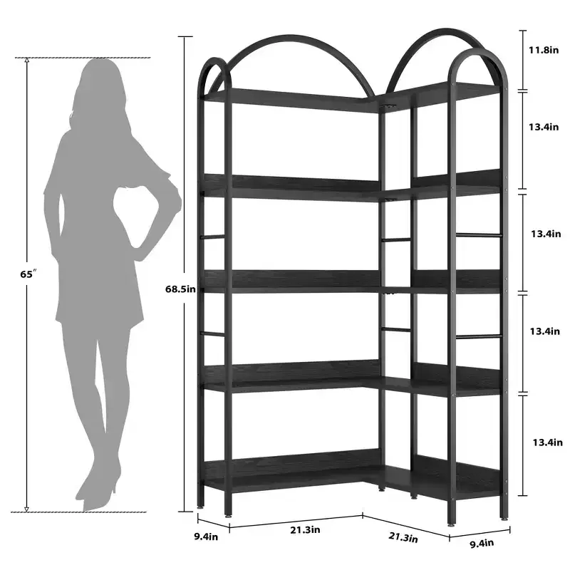 Corner Bookshelf Industrial Bookcase 68.5 inch Arched Top