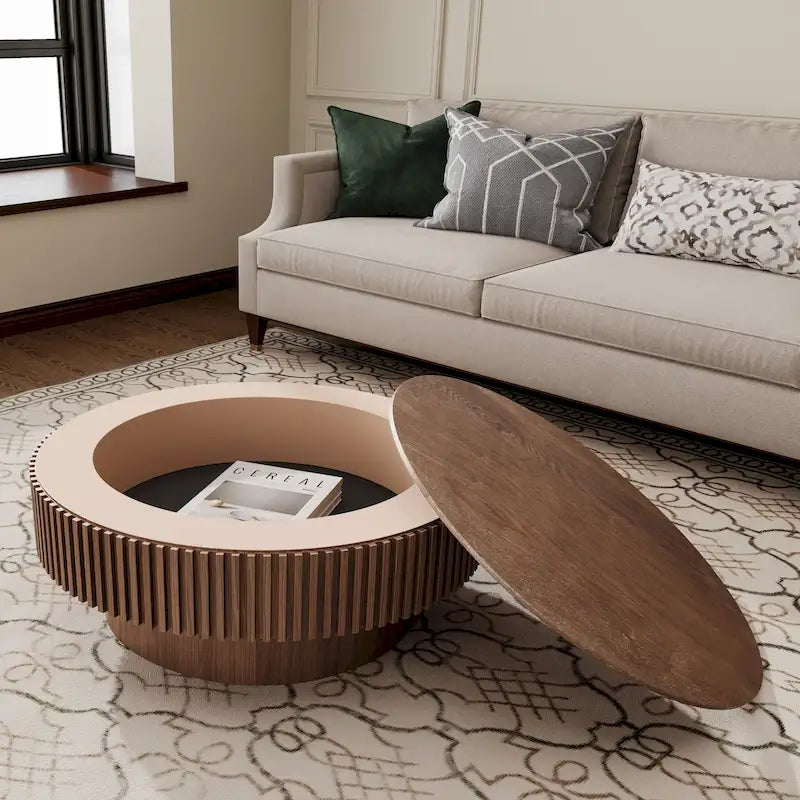 Modern Solid Wood Veneered Round Coffee Tea Table with Storage