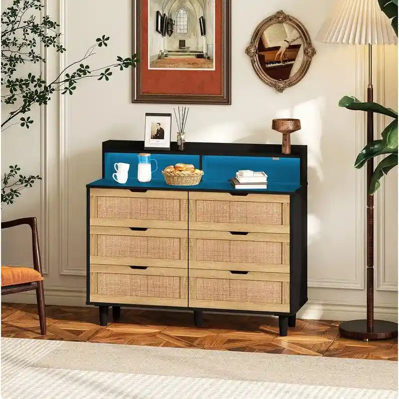 Bohemian Rattan 6-Drawer Sideboard Buffet with Adjustable LED Lights & Power Outlet