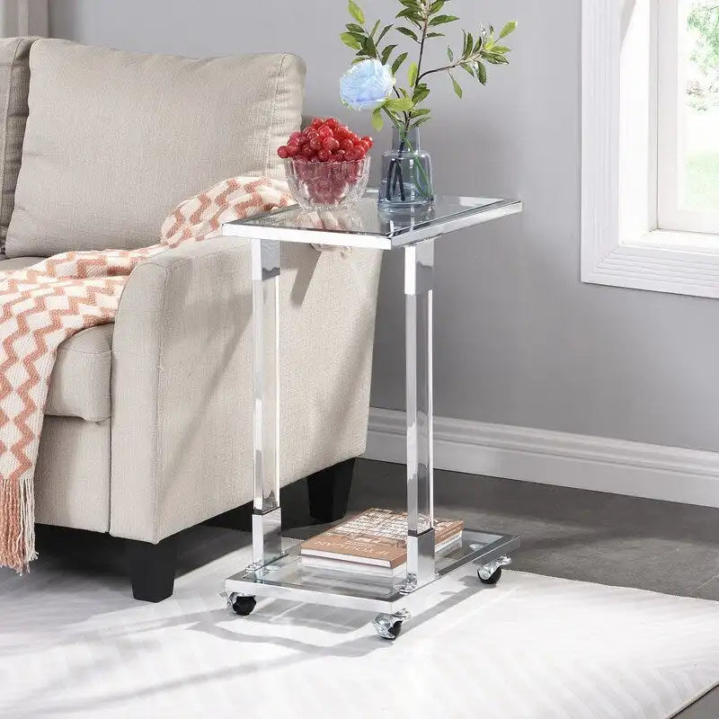 Modern Contemporary C-Shaped Side Table Snack Table with Tempered Glass, Steel and Acrylic Frame, Lockable Casters