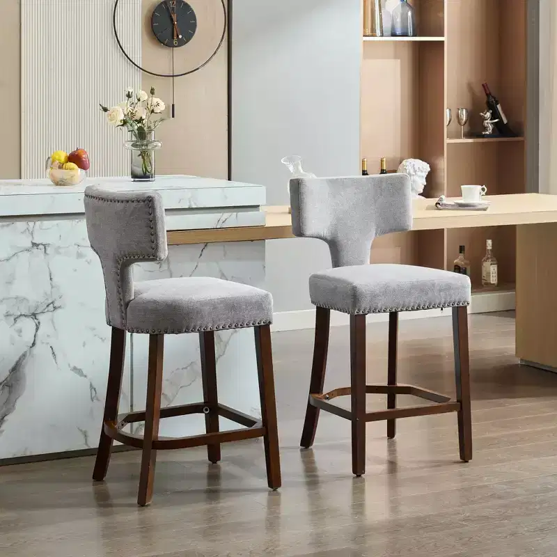 CLIHOME Set of 2 Mid Century Counter Height Bar Stools, Farmhouse Linen Fabric Upholstered Kitchen Accent Chair Curved Backrest