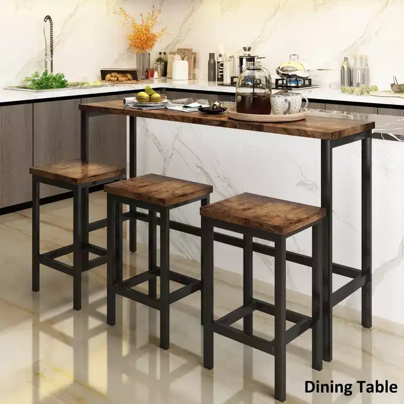 Counter Height Dining Table Set for 3, Metal Pub Kitchen Set Side Table with Footrest and 3 Stools
