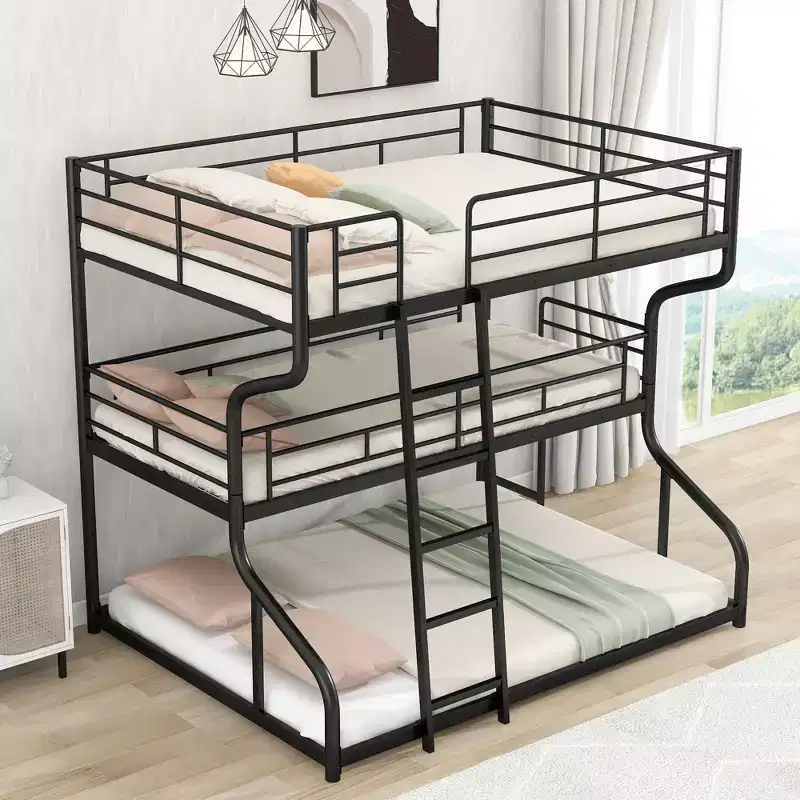 Okak Full over Twin over Queen Size Triple Bunk Bed, Heavy Duty Kids Bunk Beds with 2 Ladders, Bed Frames for Bedroom, Domitory