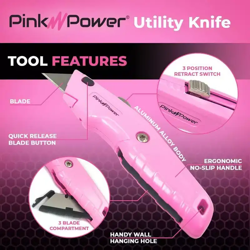 Pink Power Pink Box Cutter Retractable, Pink Utility Knife for Carpet, Box Cutter Knife Heavy Duty with 3 Blades and Storage Compartment - 5 Pack
