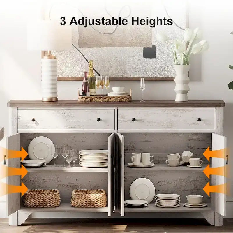 WAMPAT Farmhouse 3PCS Bedroom Set, 59 W Large Sideboard Buffet Cabinet,and Wood Nightstands Set of 2 with Charging Station