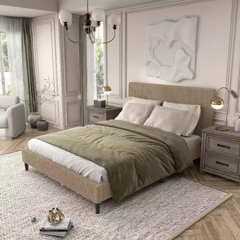 miBasics Beckman Queen Platform Bed Corduroy Upholstered with Removable Cover