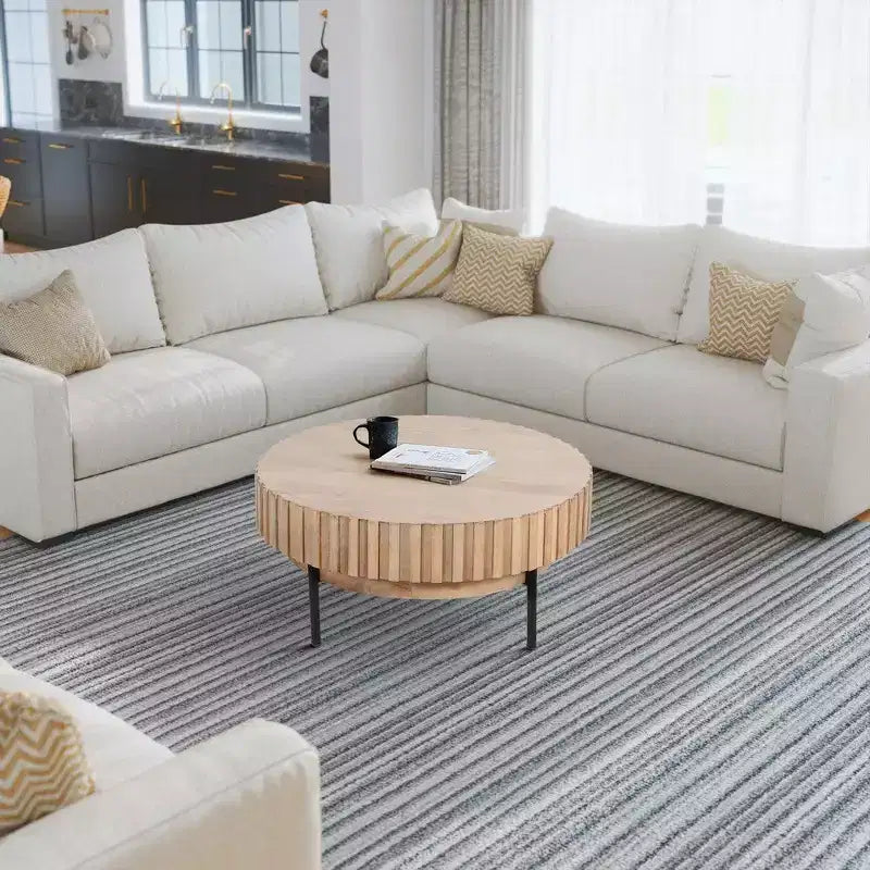 Royal Hampton, Modern Handcrafted Round Coffee Table Oak White Wood Top with Grooved Edges Black Iron Legs, 36 Inch