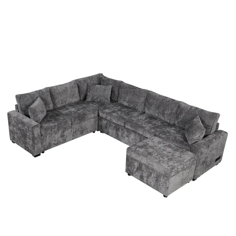 Chenille Sectional Sofa Pull-out Sofa Bed, L-Shape Sleeper Sofa with Storage Ottoman, 3 Pillows and Charging Devices