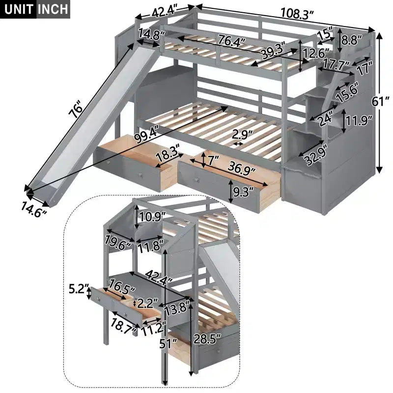 Twin over Twin Bunk Bed with Slide and Desk for Kids, Wood Twin Bunk Bed Frame with Storage Staircase and Drawers & Shelves