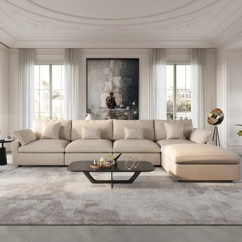 Modular Sectional Sofa Cloud Couch with Ottoman, L Shaped Linen Blend Fabric Minimalist Sectional Sofa for Living Room, Khaki