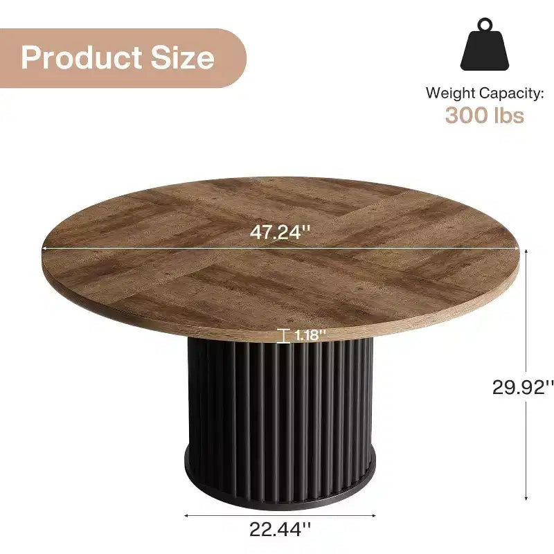 Lantine 47.24-Inch Round Dining Table for 4-6 People, Modern Fluted MDF + Metal Base Kitchen Table, Sturdy Circle Dining Room Furniture, Black