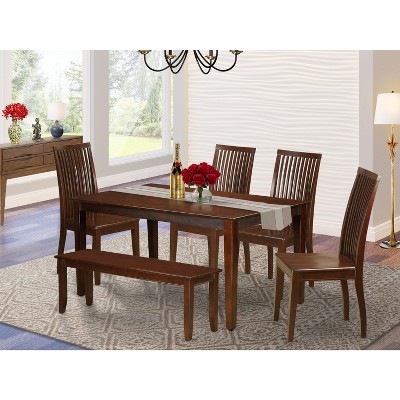 HomeStock 6-Piece Rectangle Mahogany Finish Solid Wood Top Dining Table with 1 Bench, 4 Chairs