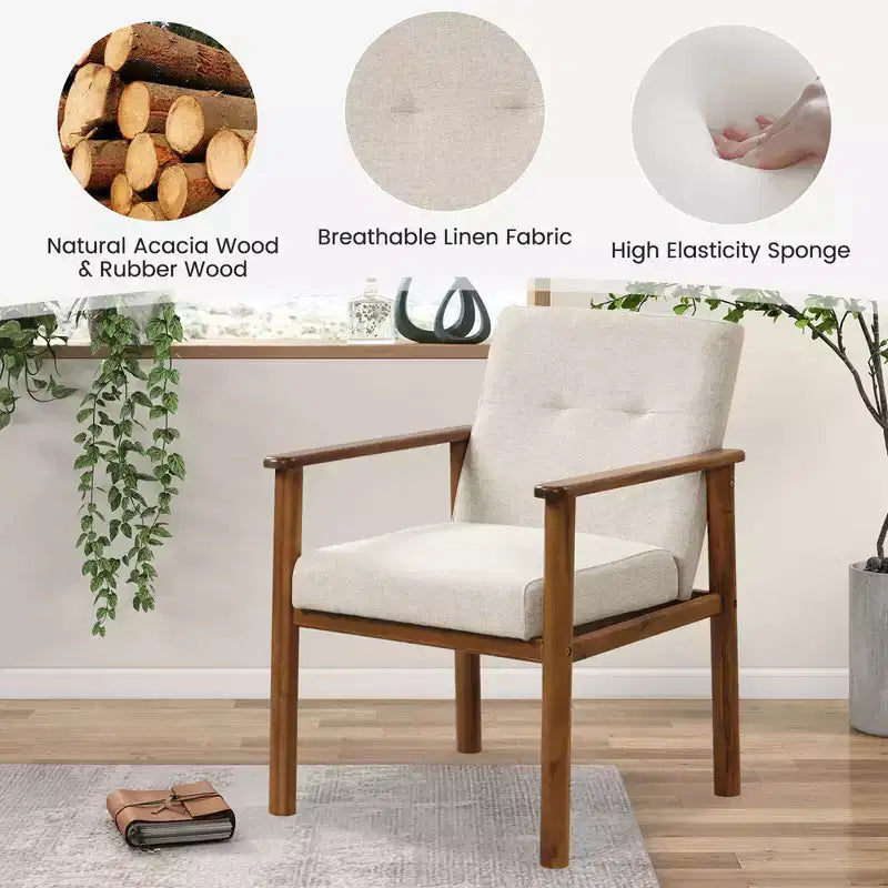 Costway Modern Accent Chair Upholstered Linen Fabric Armchair with Solid Wood Legs