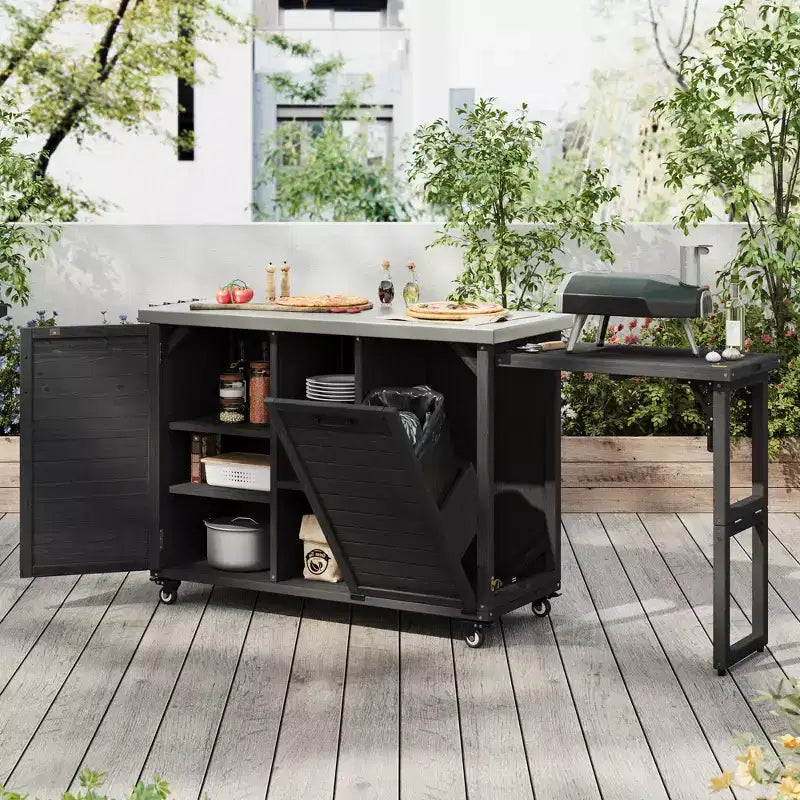 FAMYYT 78.3-Inch Outdoor Kitchen Island with Stainless Steel Countertop, Foldable BBQ Station, and Storage Cabinets, Black