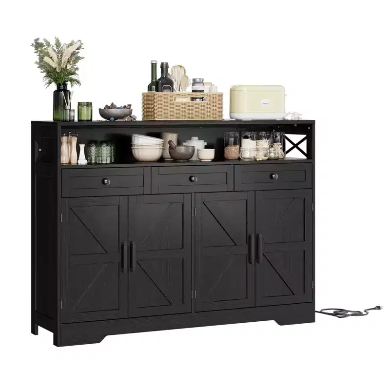 Farmhouse Buffet Sideboard Cabinet with Charging Station, 3 Drawers & 4 Barn Doors, 51