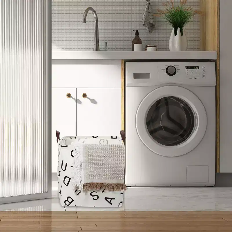 Unique Bargains Foldable Square Laundry Basket 1831 Cubic-in Black White 1 Pc Letter