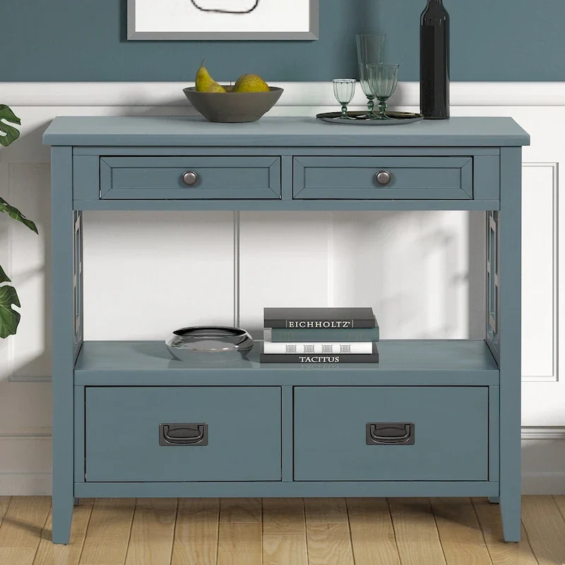 Console Table with 4 Drawers and Storage Shelf
